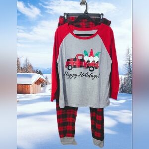 Festive Holiday Plaid Red, Black, and Gray Pajama Set With Gnomes